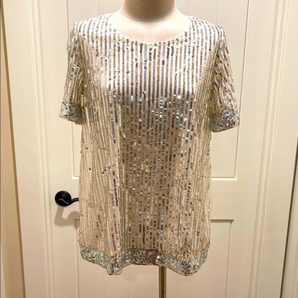 Alfani Tops - ALFANI Sequined Gold/Silver Stripped NWT Size Small Short Sleeved Scoop Neckline
